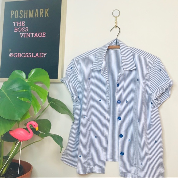 Vintage Tops - VTG Nautical Crop Seersucker Button Up Popover